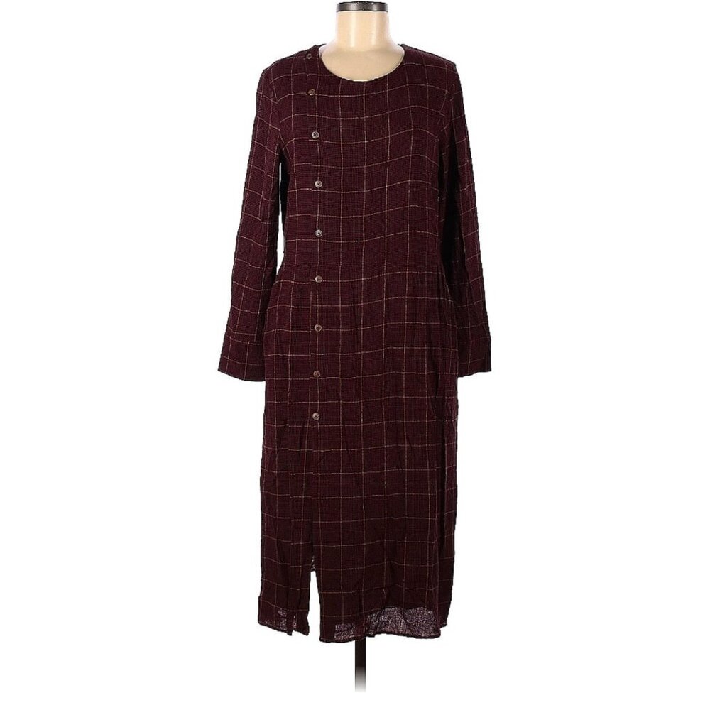 Sita Murt Midi Dress Asymmetrical Button Front Burgundy Grid Wool Blend Size 42